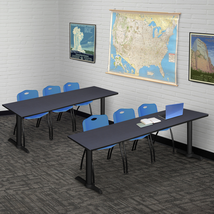 Cain 84" x 24" Training Table- Grey & 3 'M' Stack Chairs- Blue image - 1