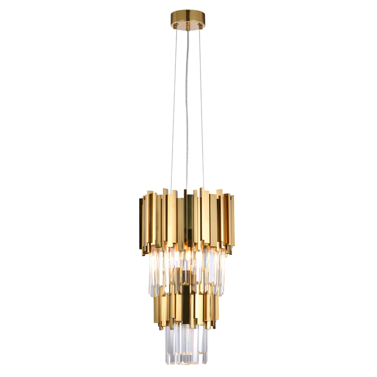Gold Finish Two Tier Pendant Light Fixture with Stainless Steel Frame and Clear Crystal Accents