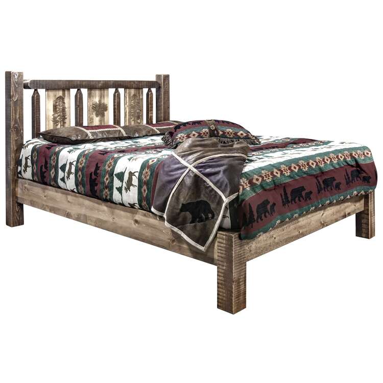 Homestead Collection King Platform Bed w/ Laser Engraved Pine Tree Design, Stain & Clear Lacquer Finish image - 1