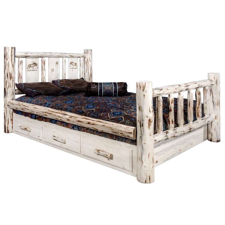 Montana Collection King Storage Bed w/ Laser Engraved Moose Design, Clear Lacquer Finish image - 1