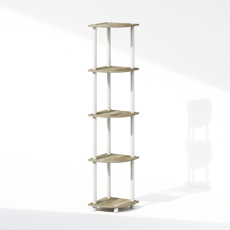 Furinno Turn-N-Tube 5 Tier Multipurpose Corner Display Rack Shelving Unit, Sonoma Oak/White image - 1