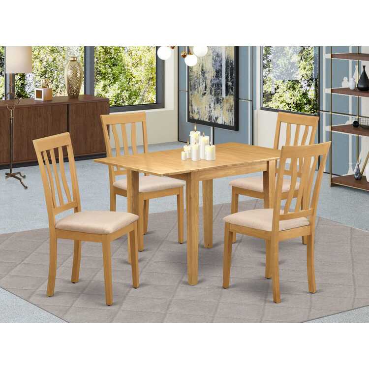 Wooden Dining Table Set 5 Piece Oak Color Faux Leather Chairs image - 1