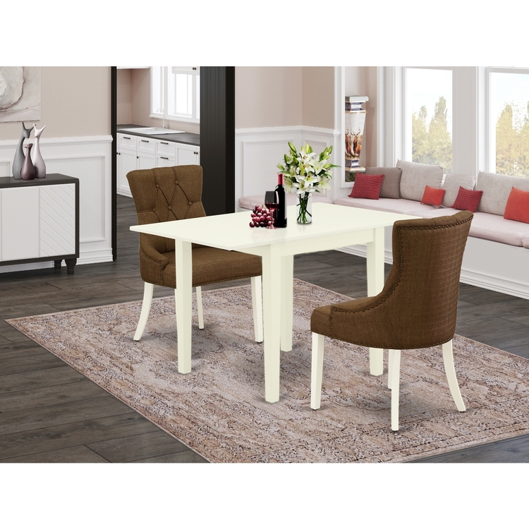Modern Dinette Set - 3 Piece Dining Table & Chairs - Linen White Wood & Dark Coffee Fabric image - 1