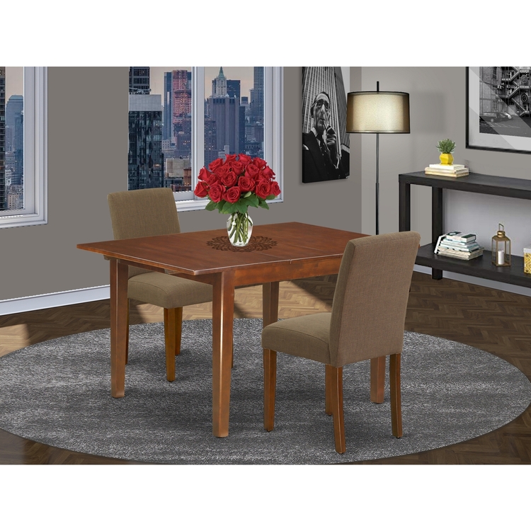 NOAB3-MAH-18 3Pc Rectangle 42/53.5" Dinette Table With 12 In Butterfly Leaf And A Pair Of Parson Chair With Mahogany Leg And Linen Fabric Coffee image - 1