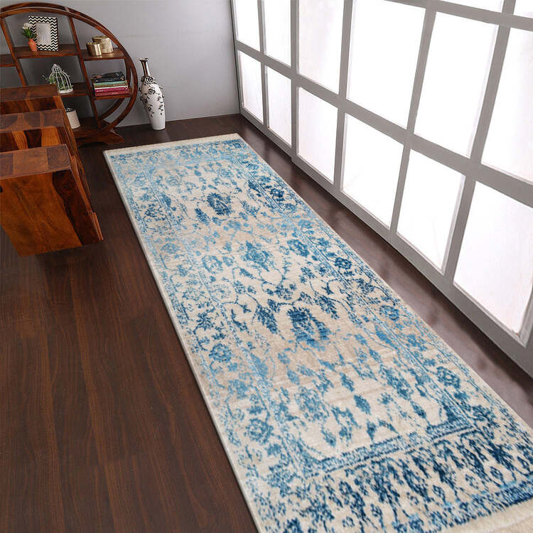 HomeStock Machine Woven Crossweave Polyester 2'6''x9'10'' Runner Area Rug Oriental Ivory Blue image - 1