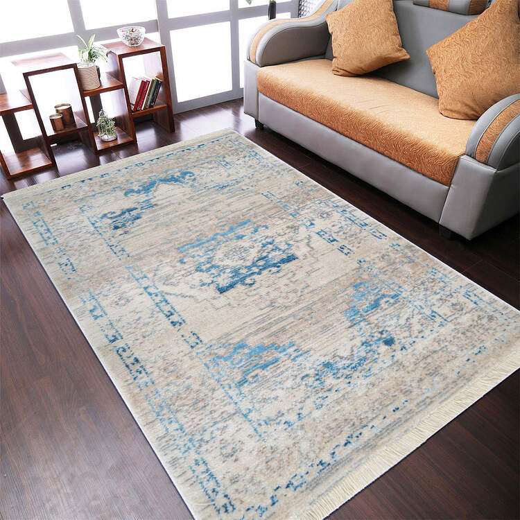 HomeStock Machine Woven Crossweave Polyester 6'x9' Area Rug Oriental Ivory Blue image - 1
