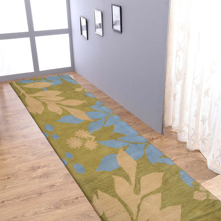 HomeStock Hand Tufted Wool 2'6''x8' Runner Area Rug Floral Green image - 1