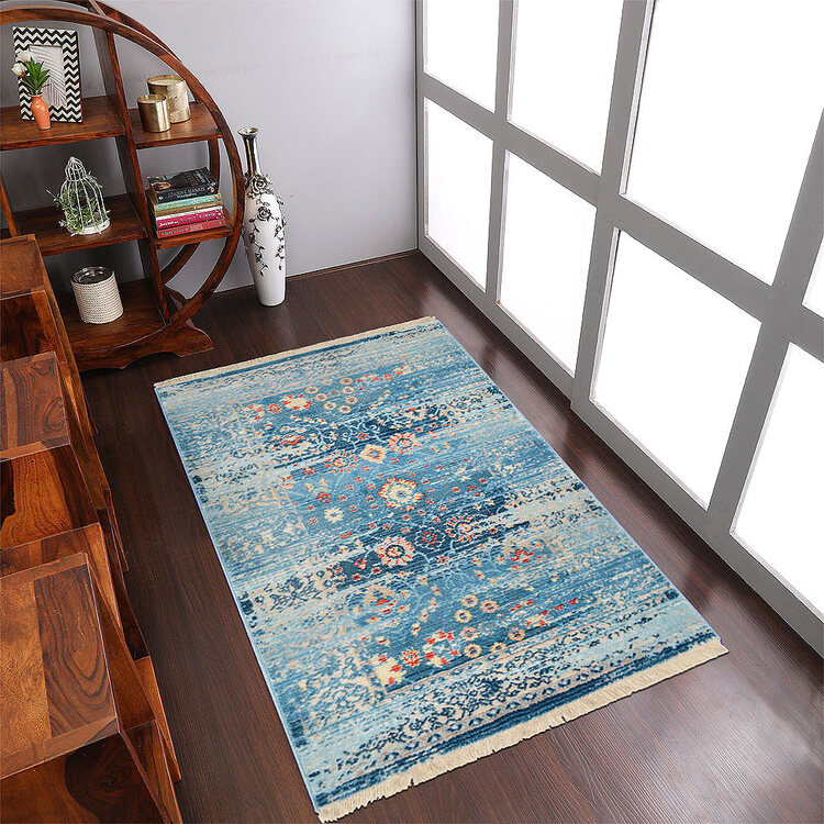 HomeStock Machine Woven Crossweave Polyester 4'x5'11'' Area Rug Oriental Blue image - 1