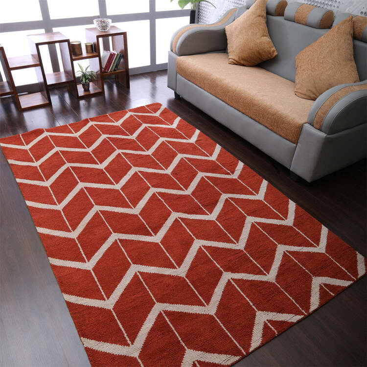 HomeStock Hand Knotted Wool 5'x8' Area Rug Geometric Red Beige image - 1