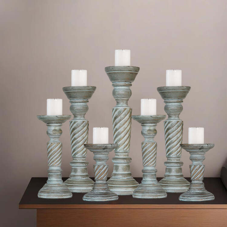 HomeStock Traditional Antique Dusk Handmade Mango Wood Set Of Seven 6",9",12",15",12",9" & 6" Pillar Candle Holder image - 1
