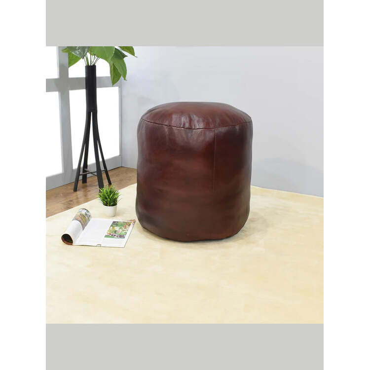 HomeStock Solid Handmade Eco-Friendly Leather Round 18" x 18" x 18" Cherry Pouf image - 1