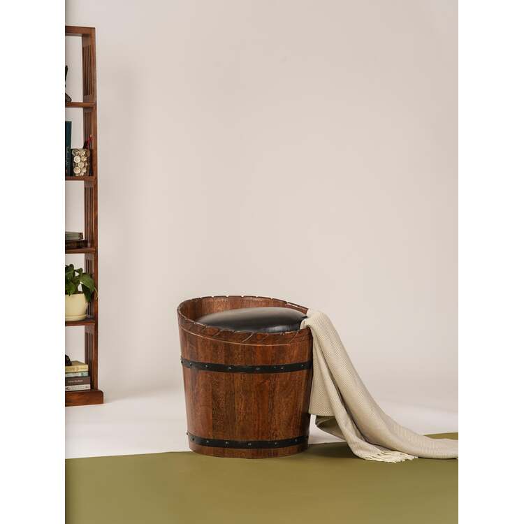 HomeStock Geometric Handmade Eco-Friendly Buffalo Leather & Wood Round 18" x 18" x 18" Black Ottomon image - 1