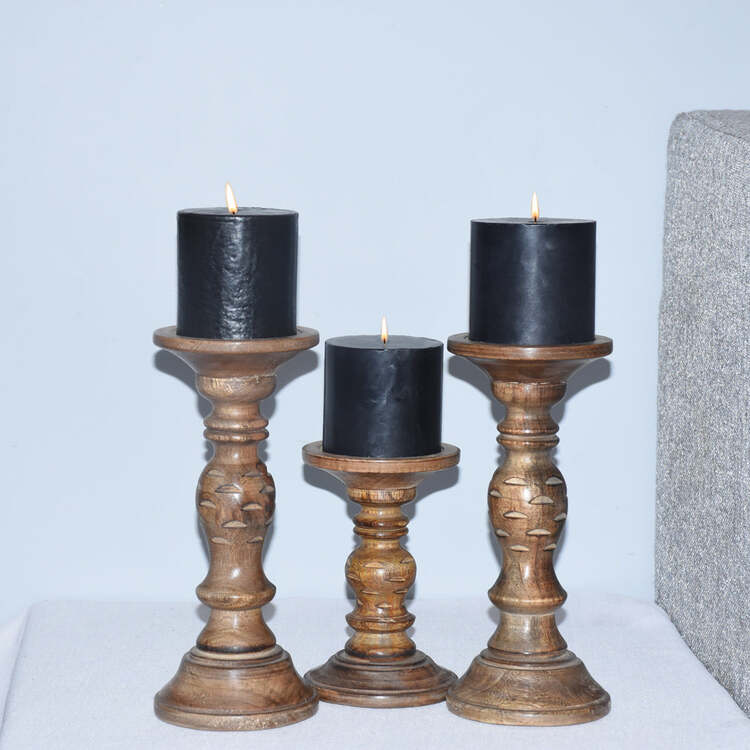 HomeStock Traditional Medium Burnt Handmade Mango Wood Set Of Three 9",6" & 9" Pillar Candle Holder image - 1
