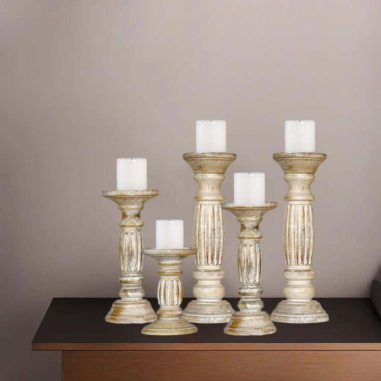 HomeStock Traditional Antique White Handmade Mango Wood Set Of Five 9",12",15",12" & 9" Pillar Candle Holder image - 1