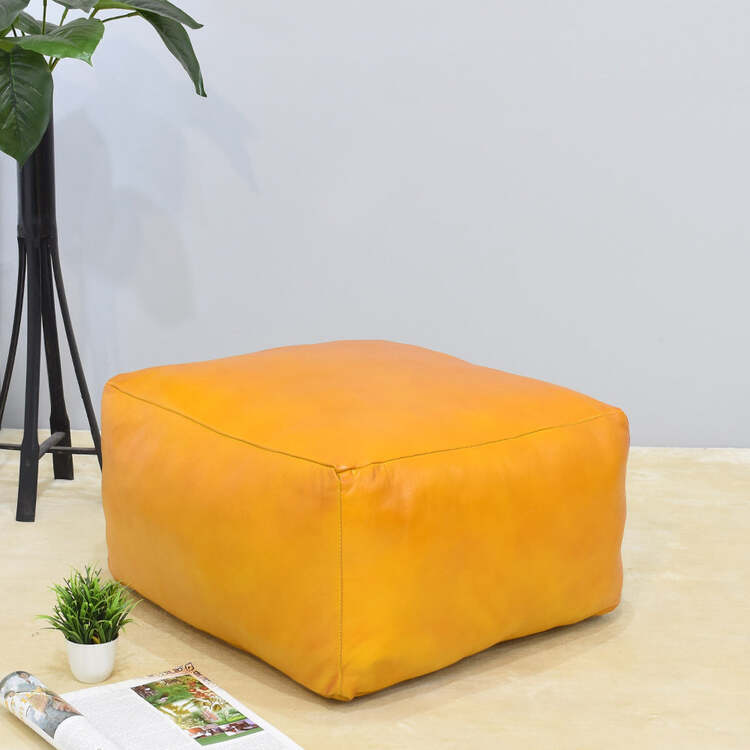 HomeStock Solid Handmade Eco-Friendly Leather Square 21" x 21" x 12" Mustard Pouf image - 1