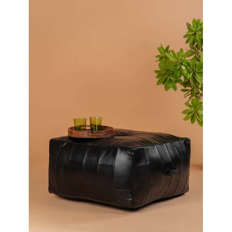 HomeStock Geometric Handmade Eco-Friendly Buffalo Leather Square(Jumbo) 26" x 26" x 14" Black Pouf image - 1