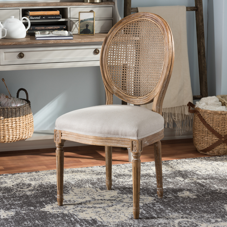 Baxton Studio Adelia French Vintage Cottage Upholstered Dining Side Chair With Round Cane Back image - 1