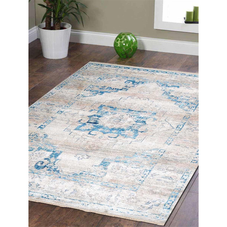 Rugsotic Carpets Cross Weave Machine Woven Polyester 6'x9' Turkish Oriental Area Rug Ivory Blue M00085 image - 1