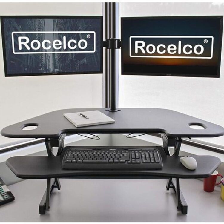 Rocelco 46" Height Adjustable Corner Standing Desk Converter with Dual Monitor Arm BUNDLE - Quick Sit Stand Up Computer Workstation Riser - Extra Large Keyboard Tray - Black (R CADRB-46-DM2) image - 1