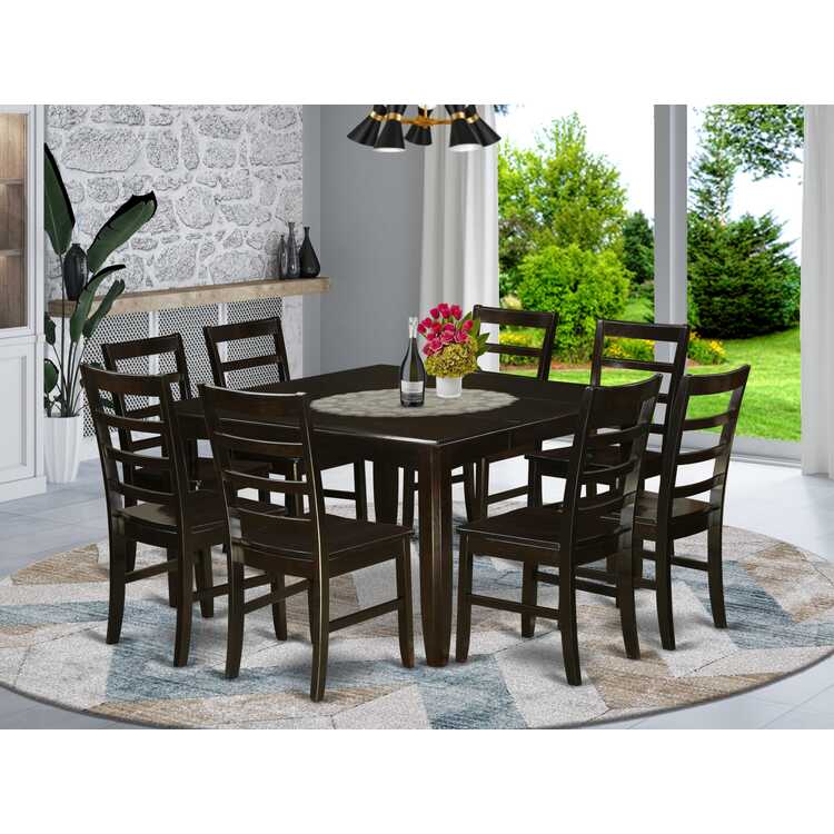 9 Pc Dining Room Set - Square Dining Table With Leaf And 8 Dining Chairs In Black & Cherry image - 1