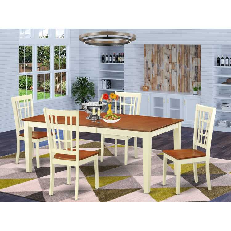 East West Furniture QUNI9-WHI-W 9 Piece Dining Set Includes a Rectangle Dining Table with Butterfly Leaf and 8 Kitchen Chairs, 40x78 Inch, Buttermilk & Cherry image - 1