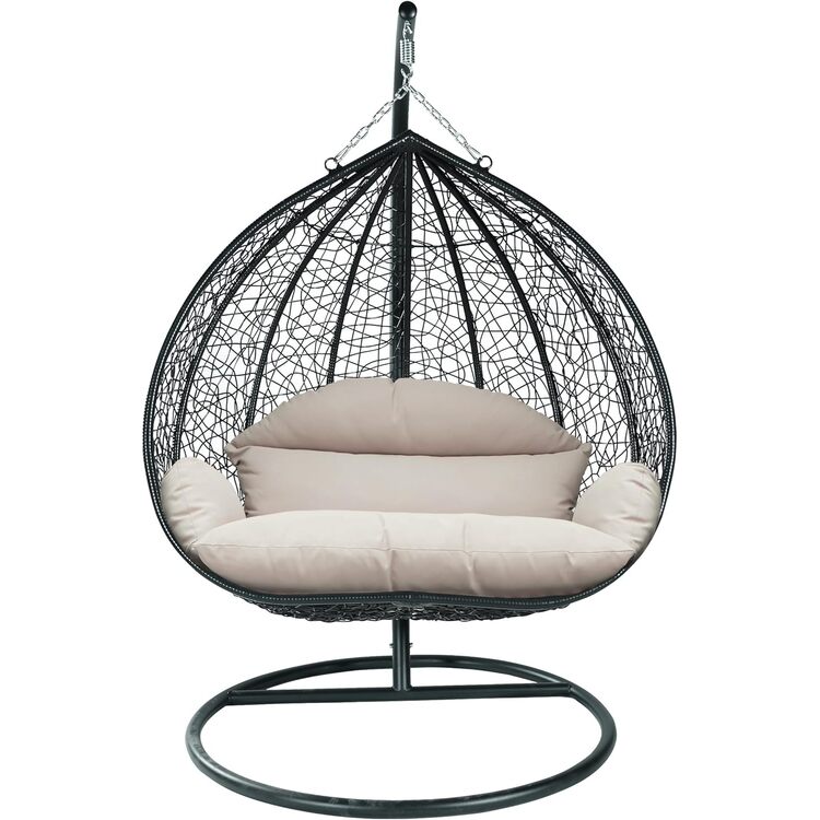 Leisuremod Recluse Collection Modern Outdoor Swing Chair Black Frame with ES57 Beige Cushion image - 1
