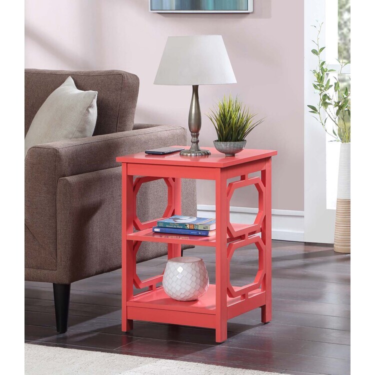 HomeStock Modern End Table with Coral Finish, Octagon Side Cutouts, Three Tiers of Shelving, and Easy Assembly for Living Room Decor image - 1
