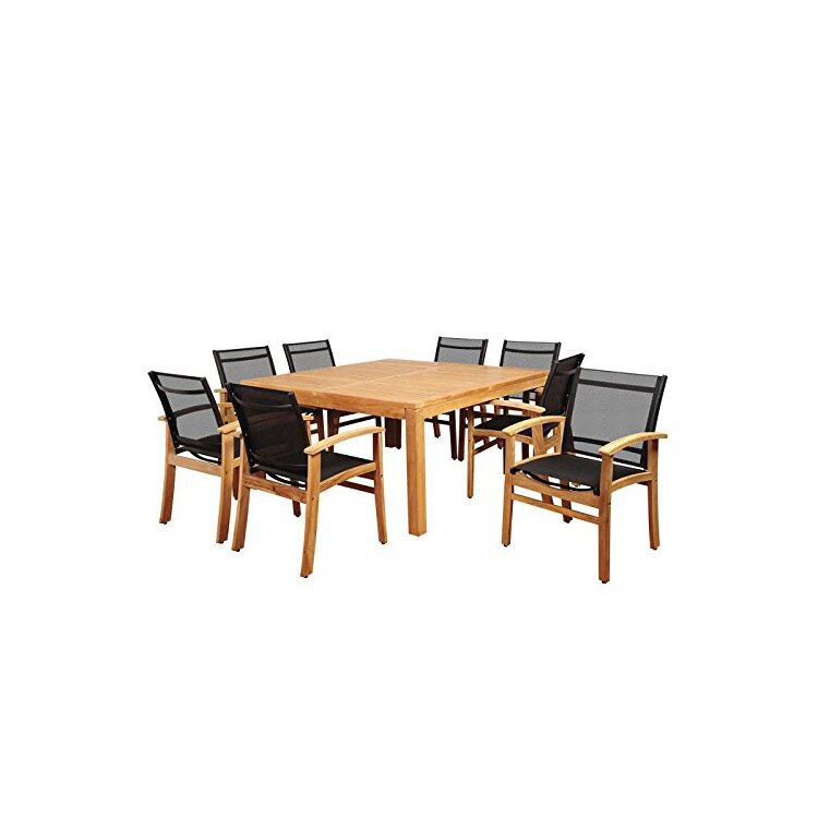 Teak Square Dining Set Black Sling Chair 9 Piece Amazonia Sunset View - International Home Miami image - 1