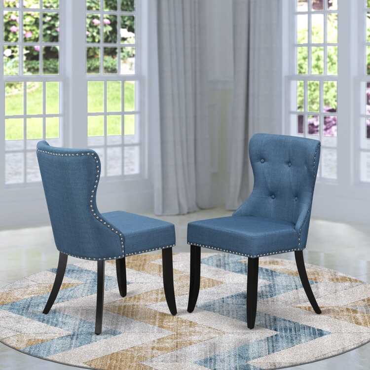 East West Furniture SIP1T21 Sion Parson Dining Room Chairs - Button Tufted Nailhead Trim Blue Linen Fabric Upholstered Chairs, Set of 2, Black image - 1