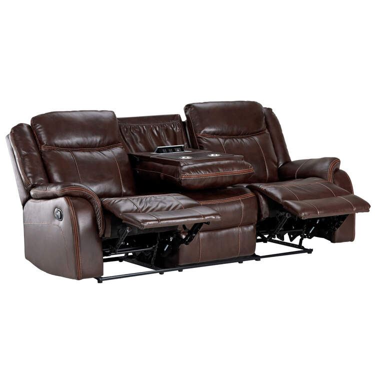 Sunset Trading Avant 86" Wide Dual Reclining Sofa with Drop Down Console | USB, 2 Outlets, Cupholders | Brown Faux Leather image - 1