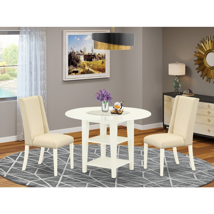 East West Furniture Sufl3 Lwh 01 3 Pc Dinette Table Set Included A Round Dining With Two Shelves 2 Chairs Cream Linen Fabric Modern Seat Rubber Wood Legs East West Furniture Sufl3 Lwh 01 3 Pc, Small Round Dining Table Set For 3
