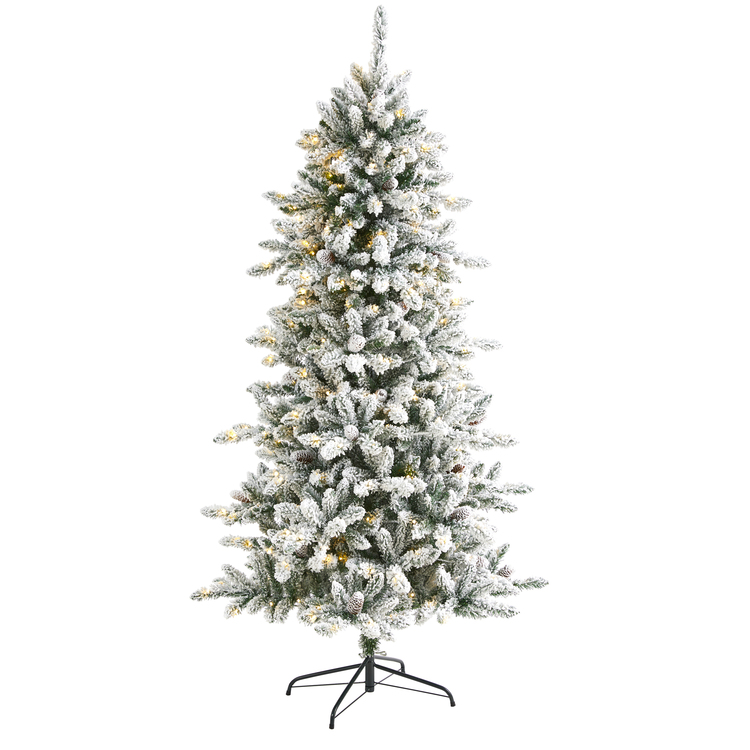 Nearly Natural 6ft. Flocked Livingston Fir Artificial Christmas Tree with Pine Cones and 300 Clear Warm LED Lights - Image 1
