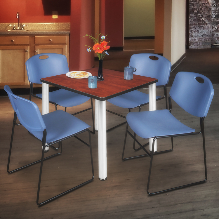 Regency Kee 30" Square Breakroom Table- Cherry/ Chrome & 4 Zeng Stack Chairs- Blue image - 1