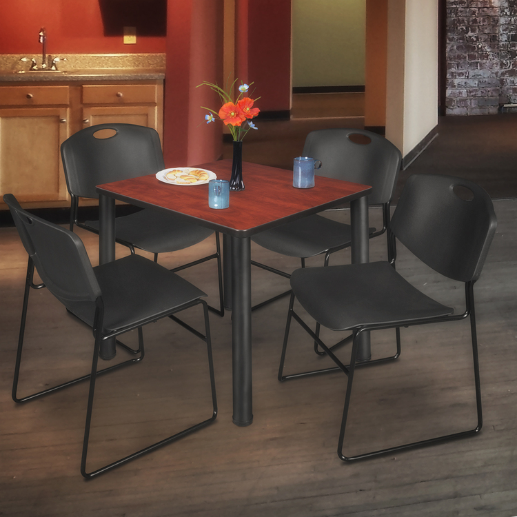 Regency Kee 36" Square Breakroom Table- Cherry/ Black & 4 Zeng Stack Chairs- Black image - 1