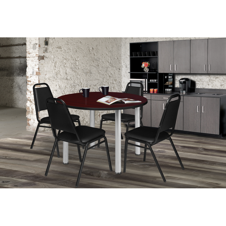 Round Breakroom Table 36&quot; Mahogany Chrome 4 Stack Restaurant Chairs Black - Regency Seating image - 1