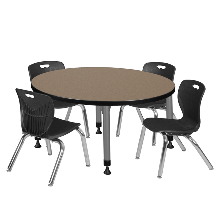 Regency Kee 36 in. Round Adjustable Classroom Table- Noble Oak Top, Grey Base & 4 Andy 12 in. Black Stack Chairs image - 1