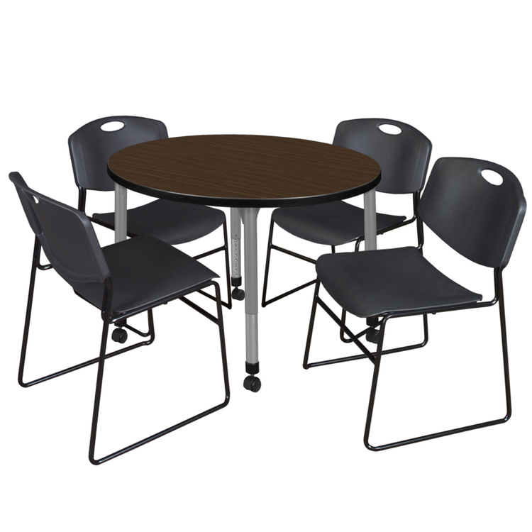 Regency Kee 36 in. Round Mobile Adjustable Classroom Table- Neo Walnut Top, Grey Base & 4 Black Zeng Stack Chairs image - 1