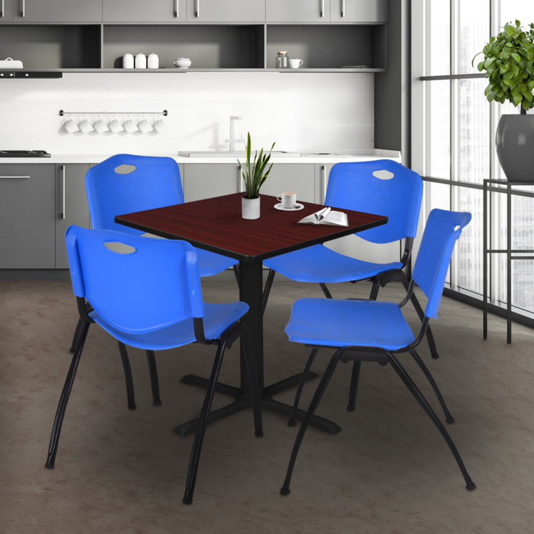 Square Mahogany Breakroom Table & Black Stack Chairs Set - Regency Seating image - 1