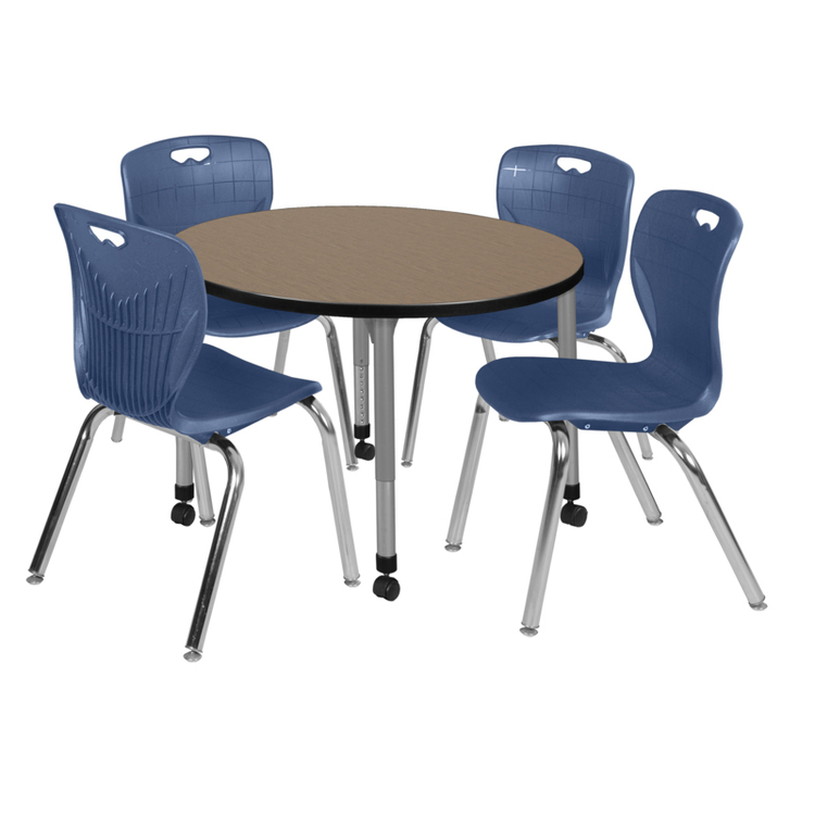 Regency Kee 42 in. Round Mobile Adjustable Classroom Table- Noble Oak Top, Grey Base & 4 Andy 18 in. Blue Stack Chairs image - 1