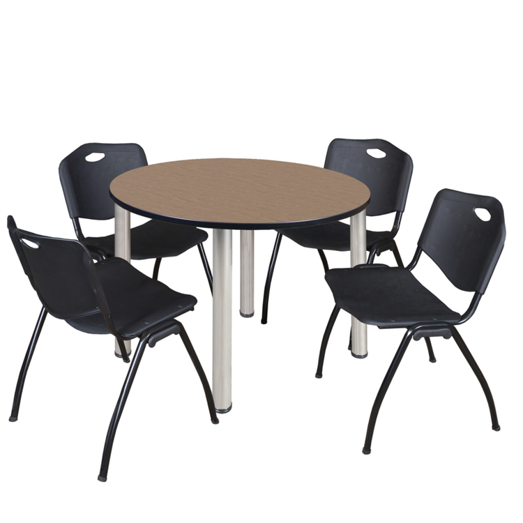 Regency Kee 42" Round Breakroom Table- Noble Oak/ Chrome & 4 'M' Stack Chairs- Black image - 1