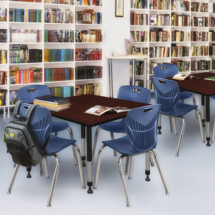 48 Square Height Adjustable Classroom Table with Navy Blue Stack Chairs - Regency Seating image - 1