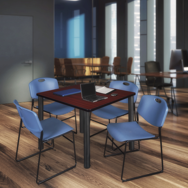 48 Square Breakroom Table Mahogany & Black Finish with 4 Blue Stack Chairs - Regency Seating image - 1