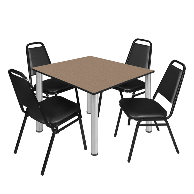Regency Kee 48" Square Breakroom Table- Noble Oak/ Chrome & 4 Restaurant Stack Chairs- Black image - 1