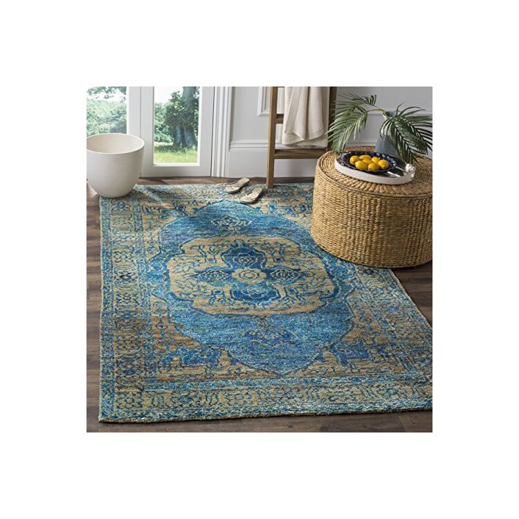 Traditional Teal/Beige Small Rectangle Jute Sari Viscose Rug 6x4FT - Safavieh image - 1