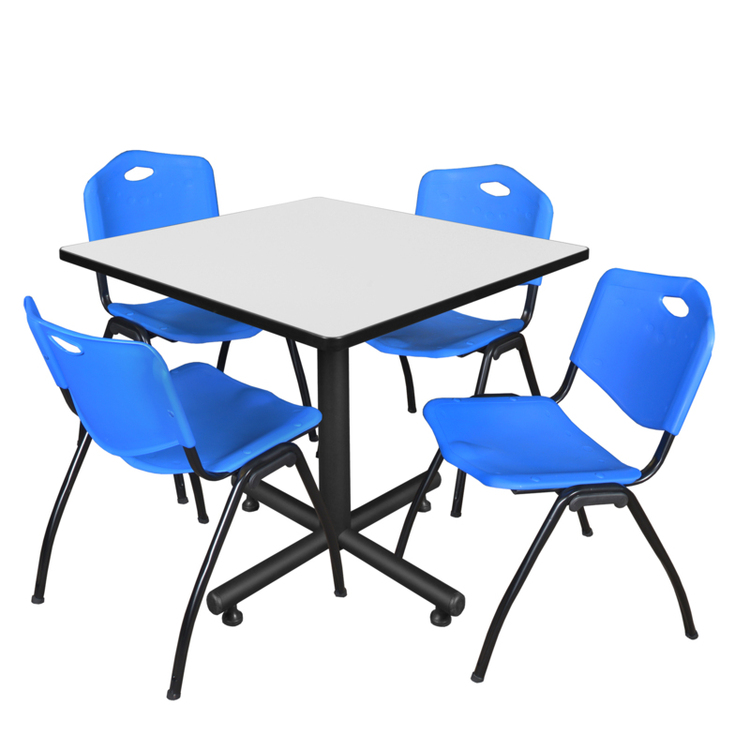 Regency Kobe 36" Square Breakroom Table- White & 4 'M' Stack Chairs- Blue image - 1