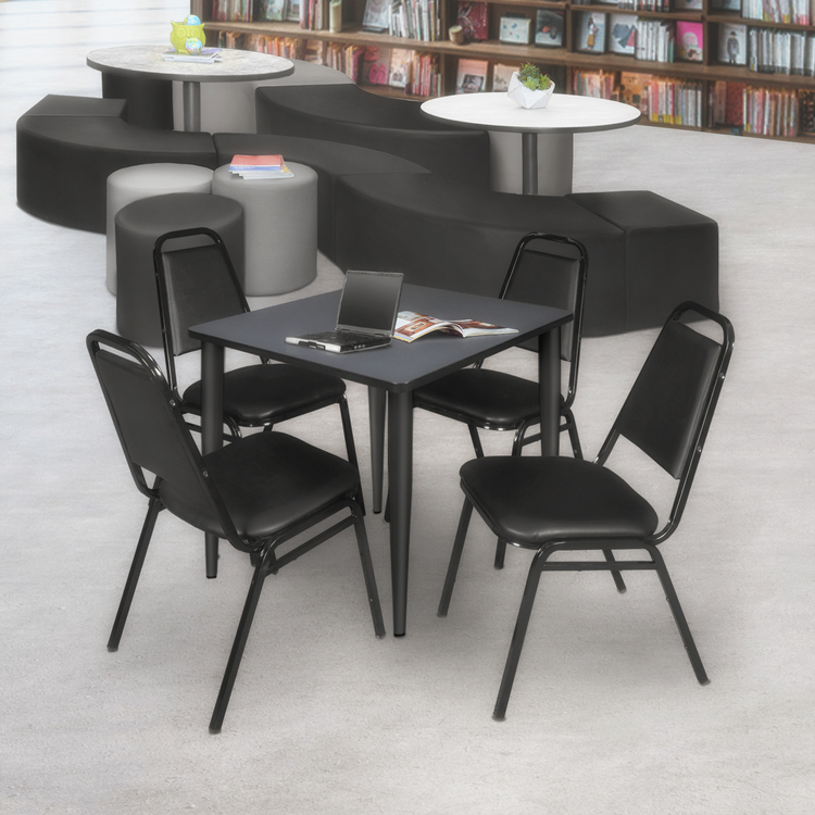 Regency Kahlo 36 in. Square Breakroom Table- Grey Top, Black Base & 4 Restaurant Stack Chairs- Black image - 1