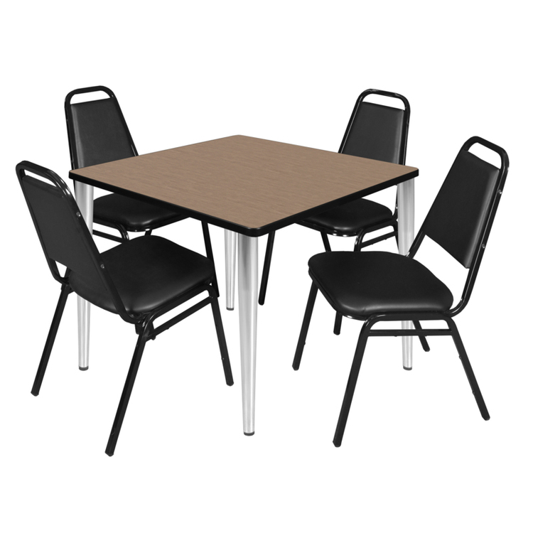 Regency Kahlo 42 in. Square Breakroom Table- Noble Oak Top, Chrome Base & 4 Restaurant Stack Chairs- Black image - 1
