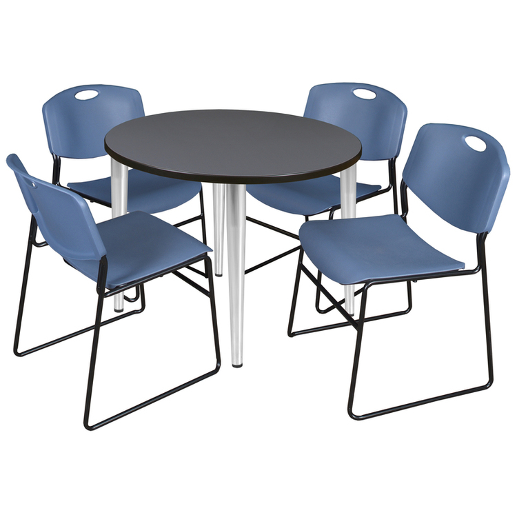 Regency Kahlo 42 in. Round Breakroom Table- Grey Top, Chrome Base & 4 Zeng Stack Chairs- Blue image - 1