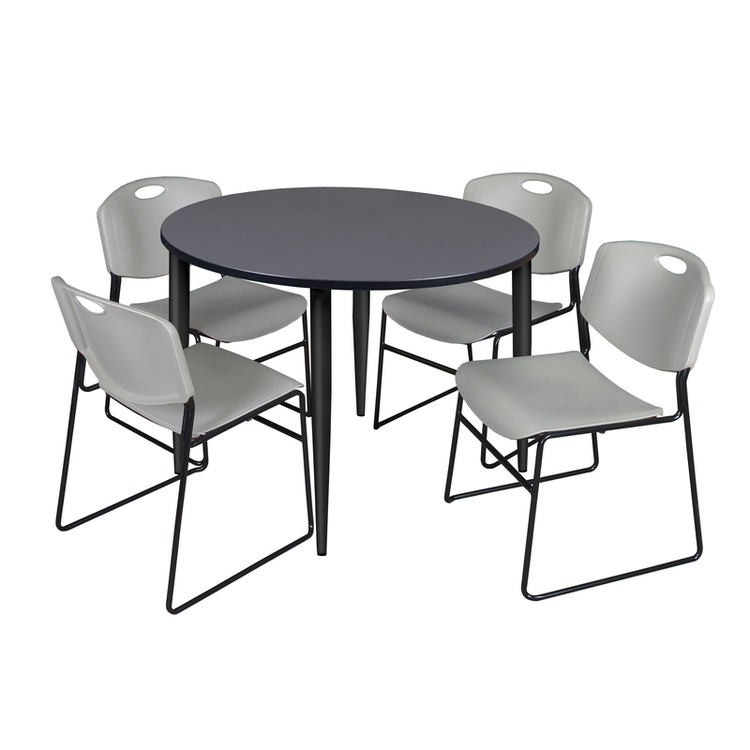 Regency Kahlo 48 in. Round Breakroom Table- Grey Top, Black Base & 4 Zeng Stack Chairs- Grey image - 1