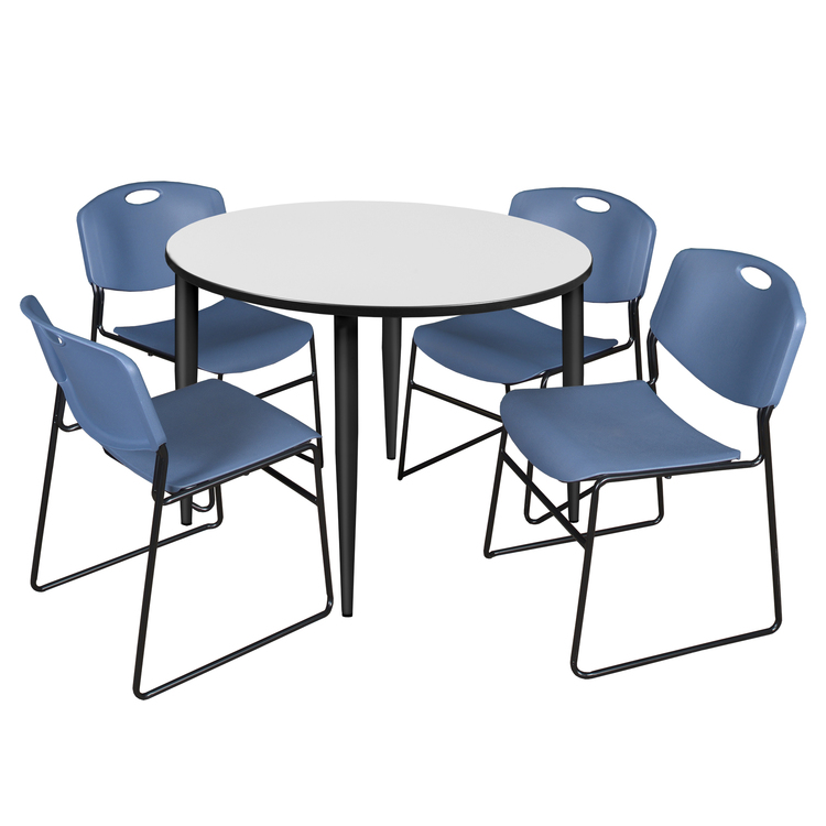 Regency Kahlo 48 in. Round Breakroom Table- White, Black Base & 4 Zeng Stack Chairs- Blue image - 1